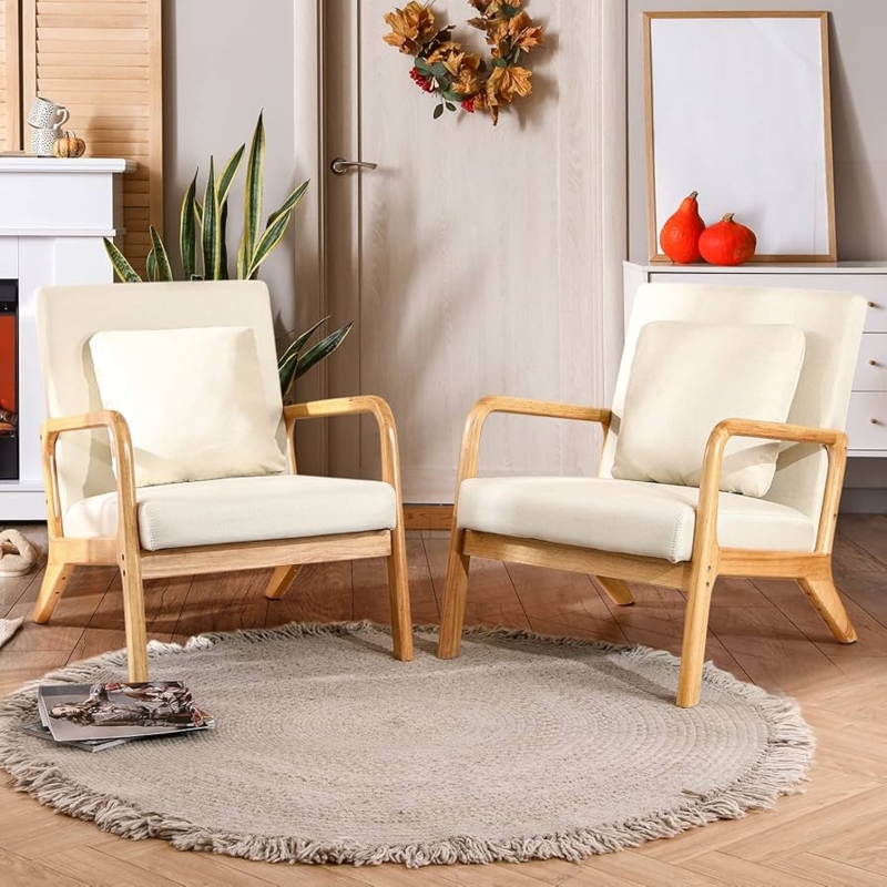 Accent Chair, Light Wood Frame, Lumbar Pillow. Beige Upholstered Armchair.