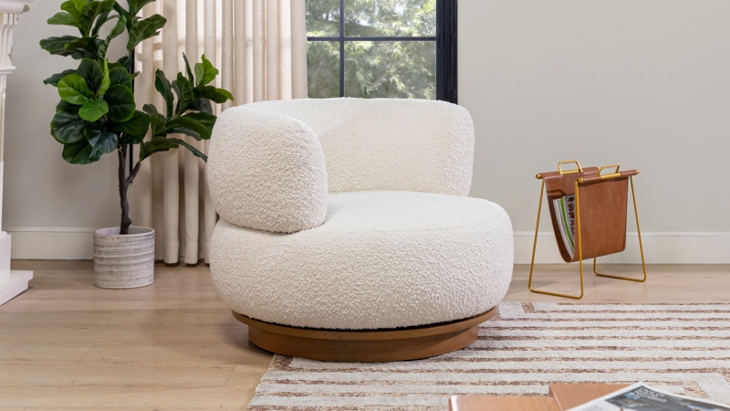 Accent Chair: Low Barrel Back Boucle Swivel on Plinth Base