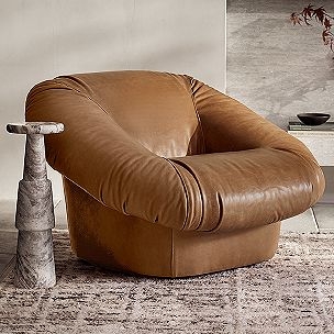 Accent Chair: Low Profile Cognac Gathered Leather-Like Lounge Seating