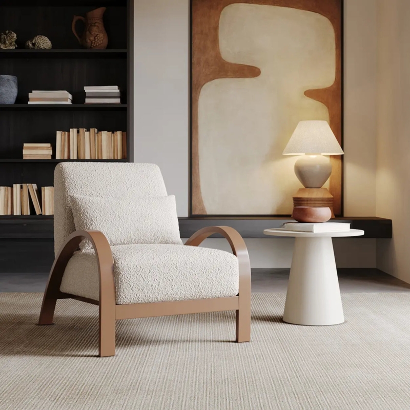 Accent Chair Mid Century Boucle Texture Curved Arms Lumbar Pillow