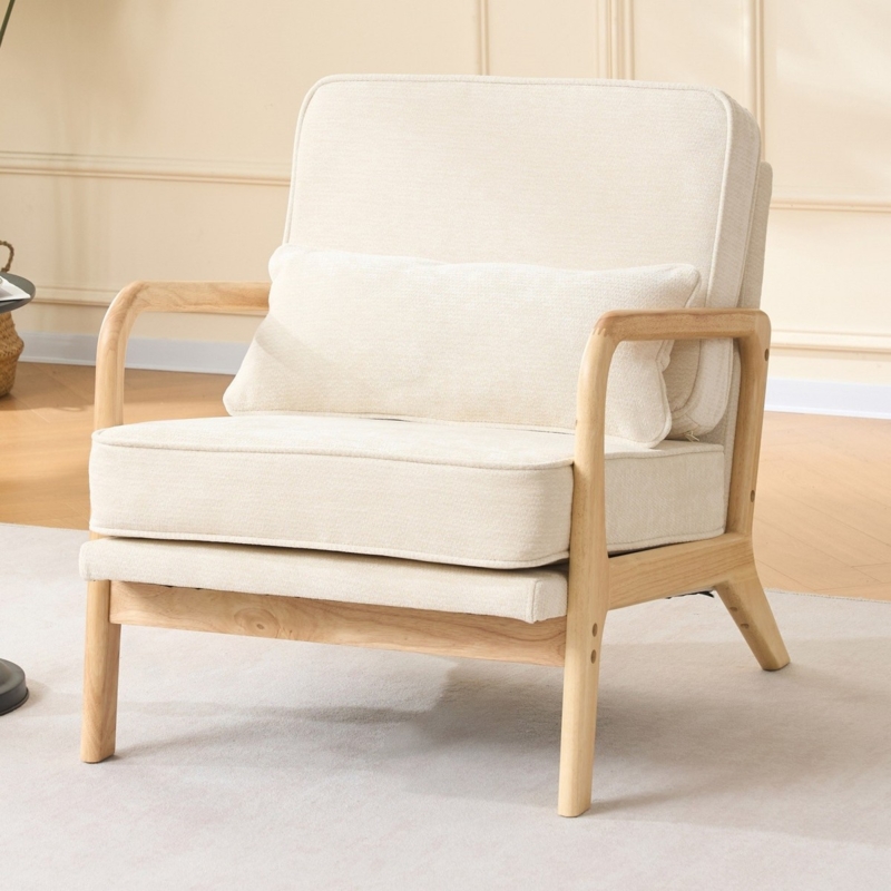 Accent Chair Mid Century Curved Arms Woven Beige Fabric Tapered