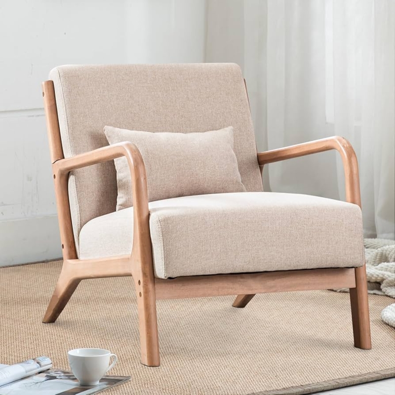 Accent Chair Mid Century Curved Wood Armrests with Waist Cushion