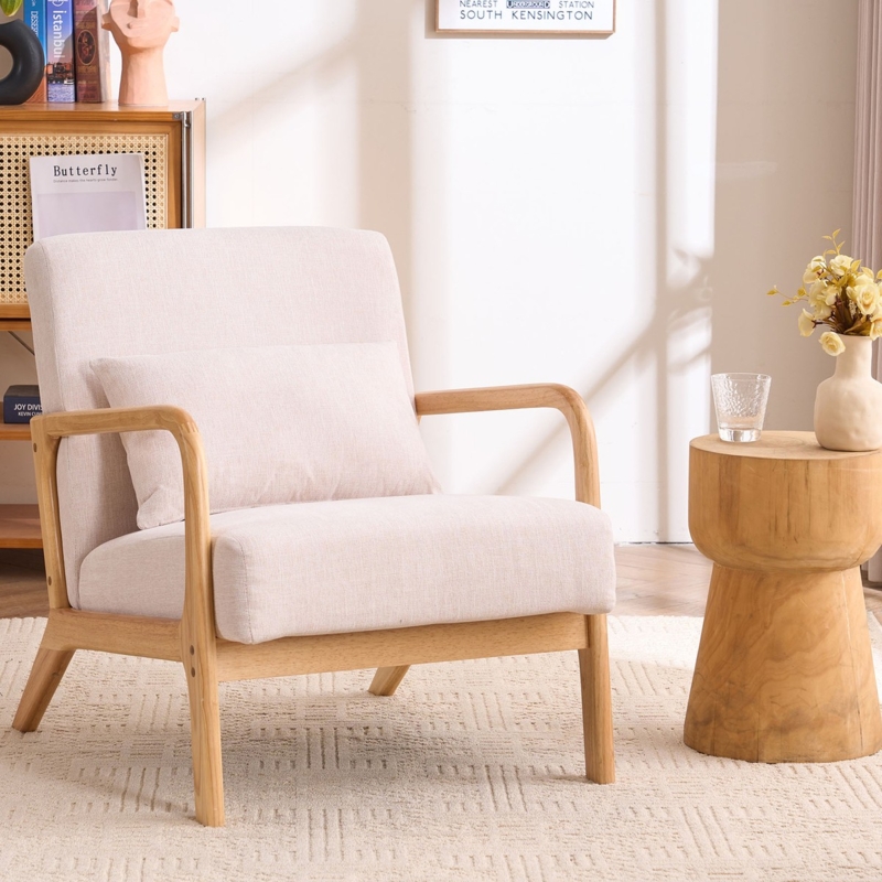 Accent Chair Mid Century Curved Wood Arms Tapered Legs Linen