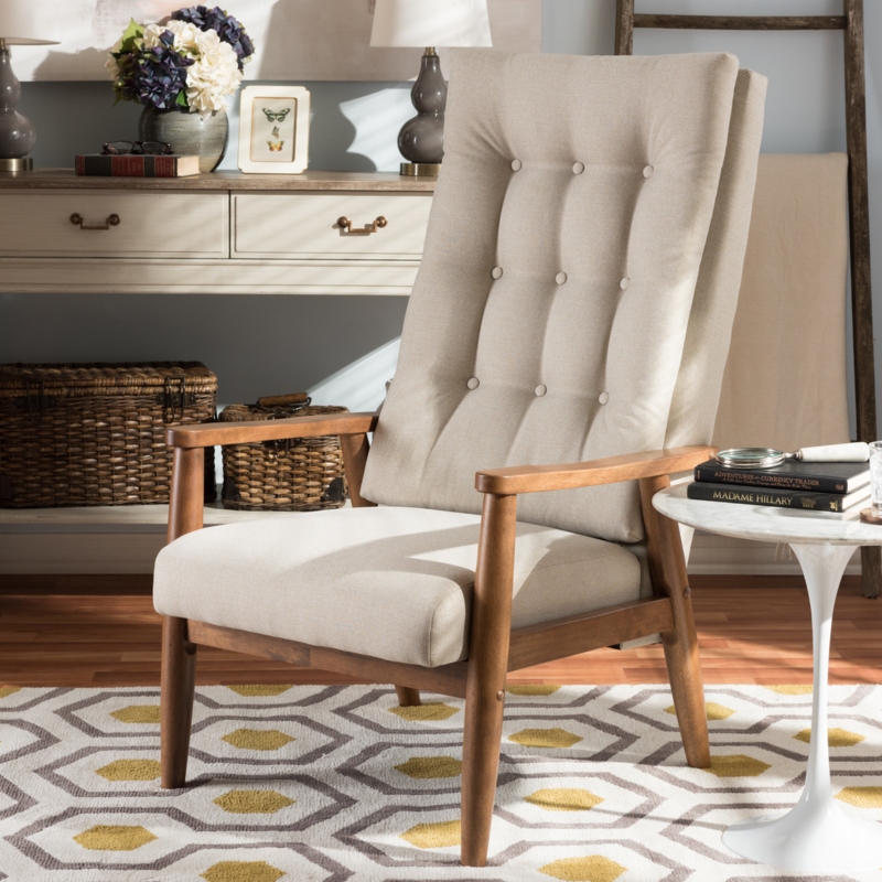 Accent Chair Mid Century High Back Button Tufted Walnut Frame