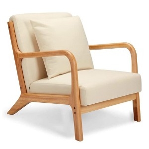 Accent Chair Mid Century Modern Curved Wood Armrests Linen Beige