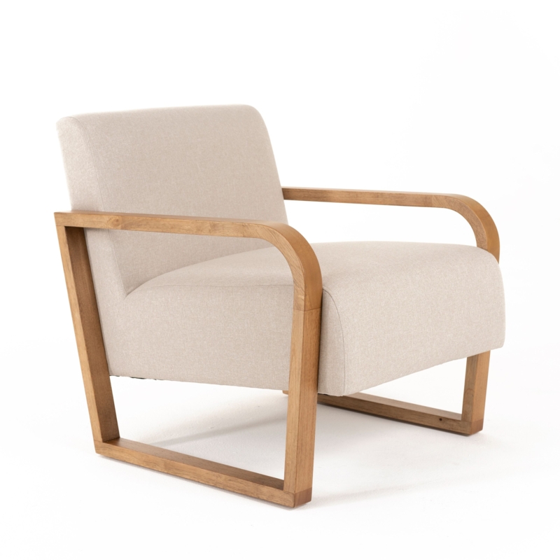 Accent Chair Mid Century Sled Base Curved Wood Arms Linen Look