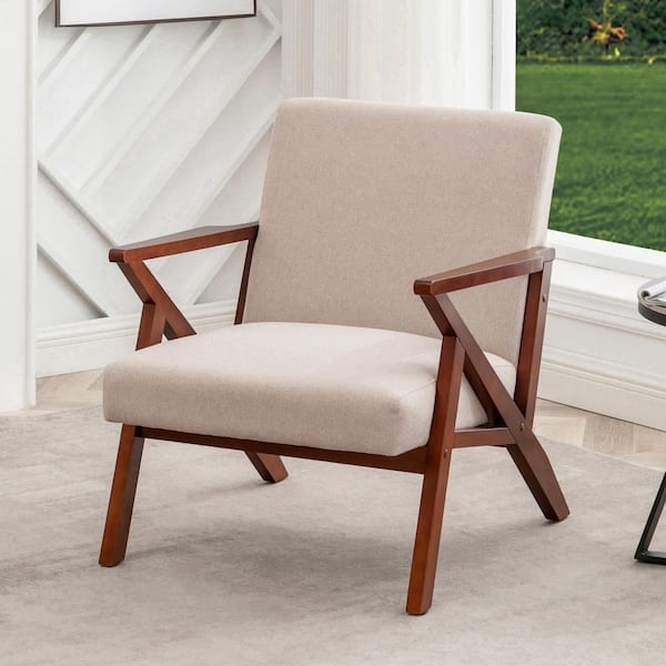 Accent Chair Mid Century Z-Shaped Arms Sandy Beige Wood Frame
