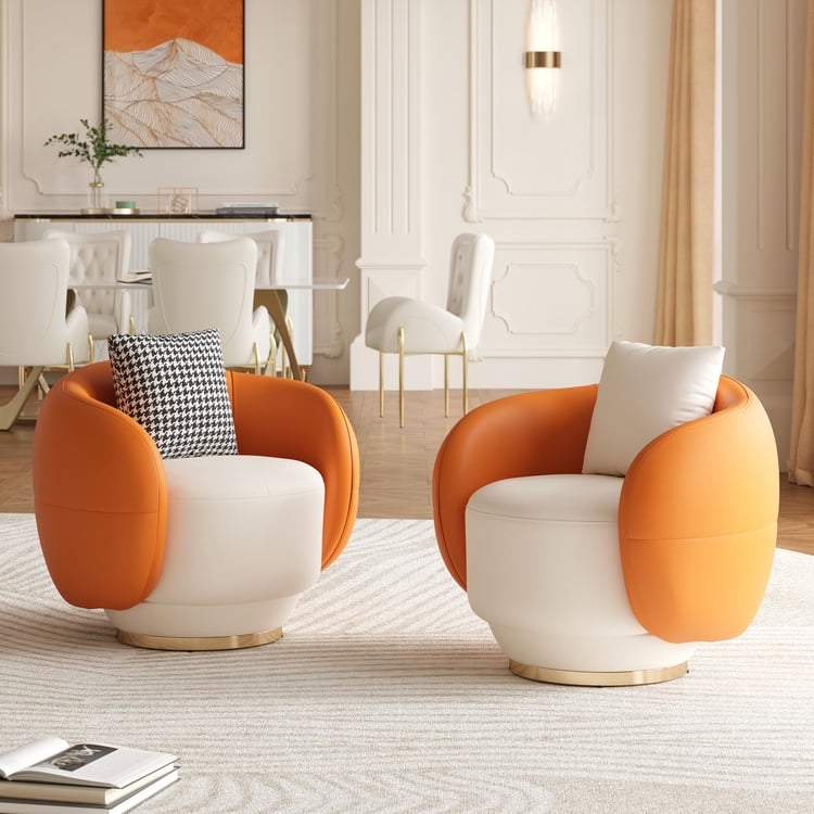 Accent Chair Modern Two-Tone Orange Swivel Gold Base