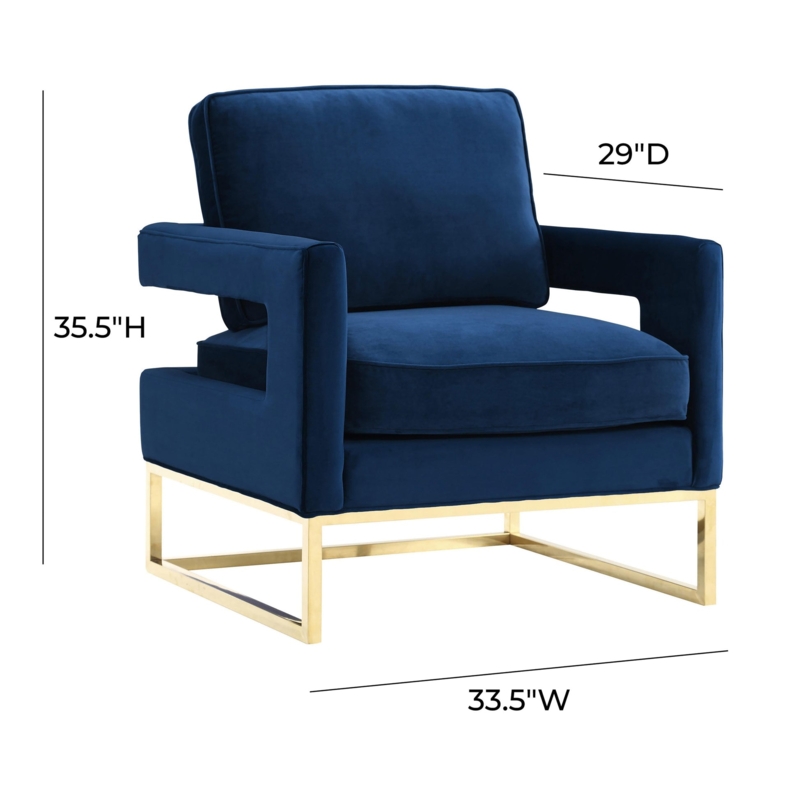 Accent Chair Navy Blue Velvet Geometric Gold Base Open Armrests Glam