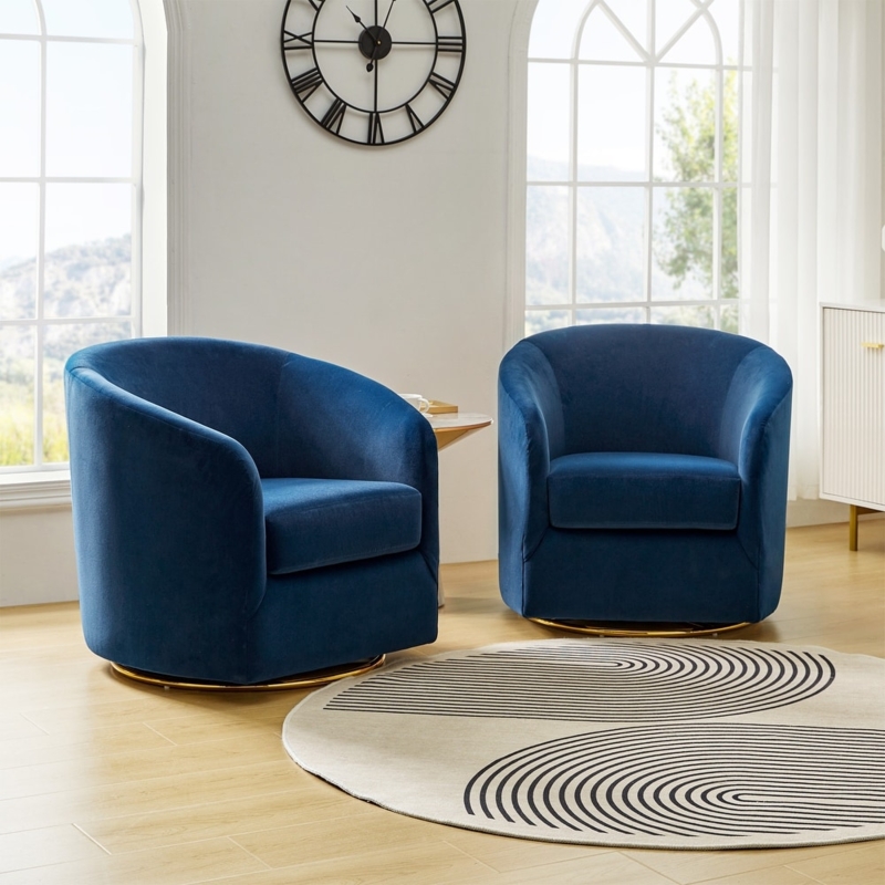 Accent Chair, Navy Velvet Barrel Back with Gold-Toned Swivel Base