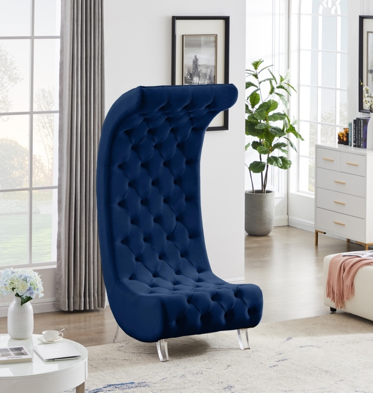 Accent Chair Navy Velvet Crescent Silhouette Polished Gold Legs Glam Style