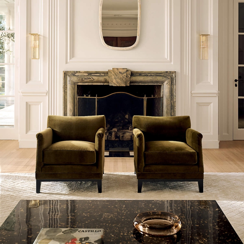 Accent Chair Olive Green Velvet Blocky Silhouette Transitional Design