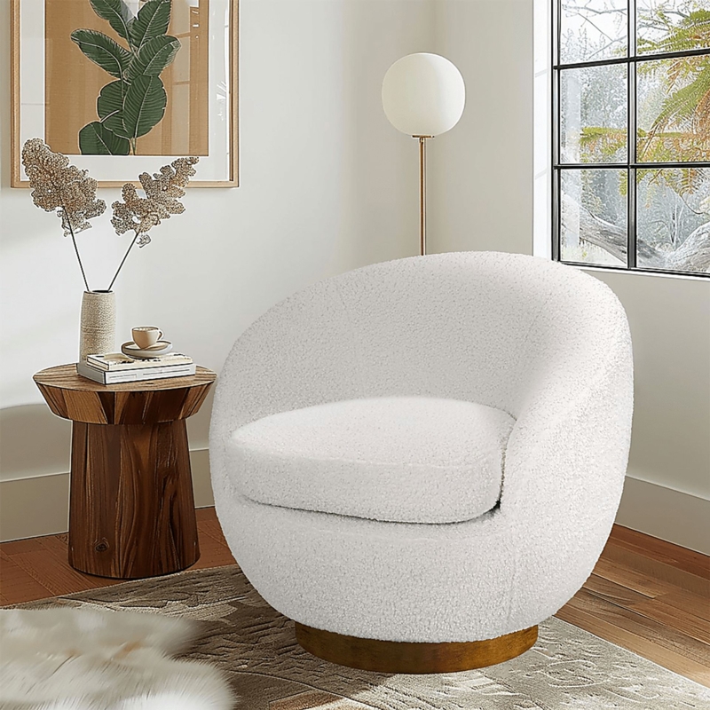 Accent Chair: Organic Modern Boucle Swivel with Wood Toned Base