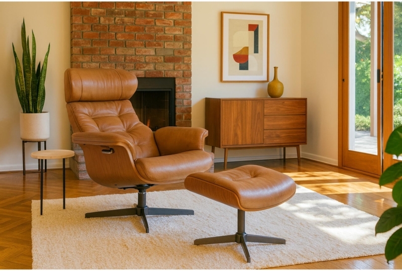 Accent Chair & Ottoman Set, Cognac Swivel Mid Century Modern Lounge Chair