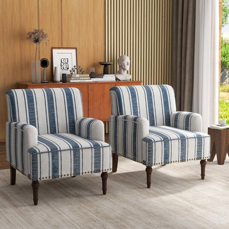 Accent Chair Pair with Dark Blue Stripes and Nailhead Trim