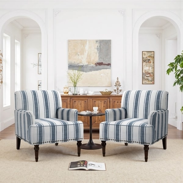 Accent Chair Pair with Rolled Arms and Navy Ticking Stripes