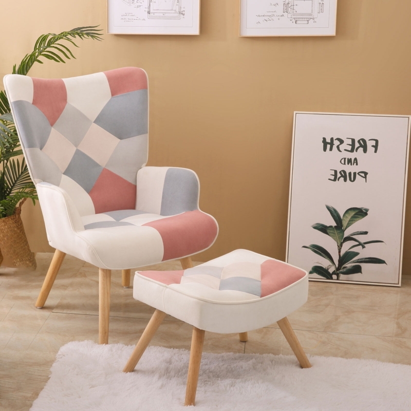 Accent Chair Patchwork Upholstery Pastel Wingback with Wood Legs
