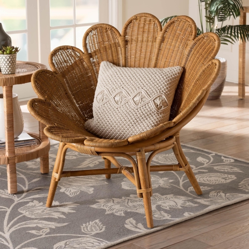 Accent Chair Petal Backrest Flower Silhouette Honey Rattan Boho Wicker (75)