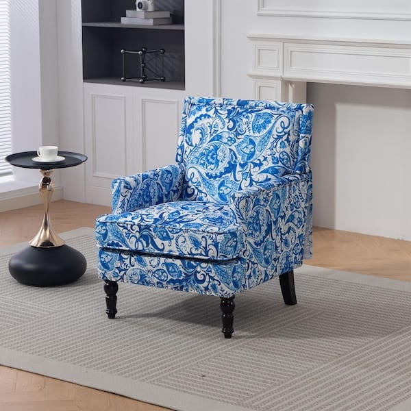 Accent Chair Porcelain Print Blue White Turned Legs