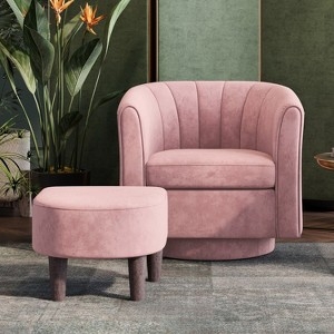 Accent Chair Scalloped Back Pink Velvet with Swivel Base and Ottoman