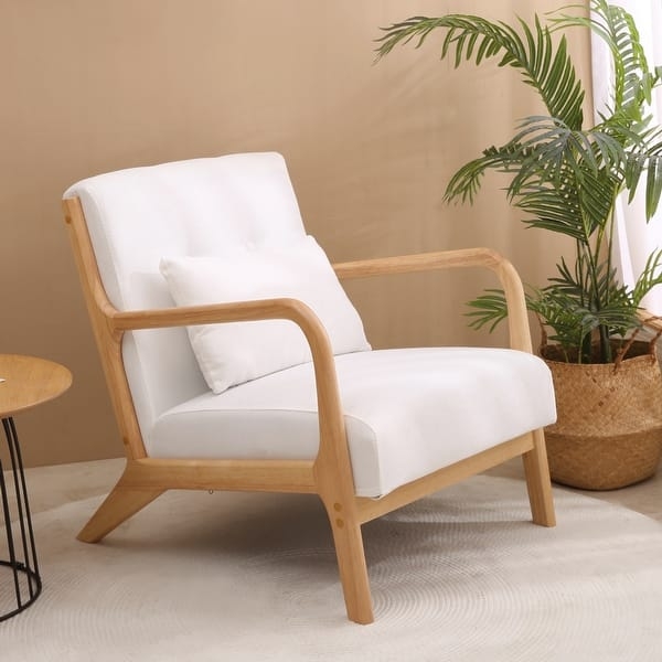 Accent Chair Sculptural Wood Frame White Tufted Angled Legs