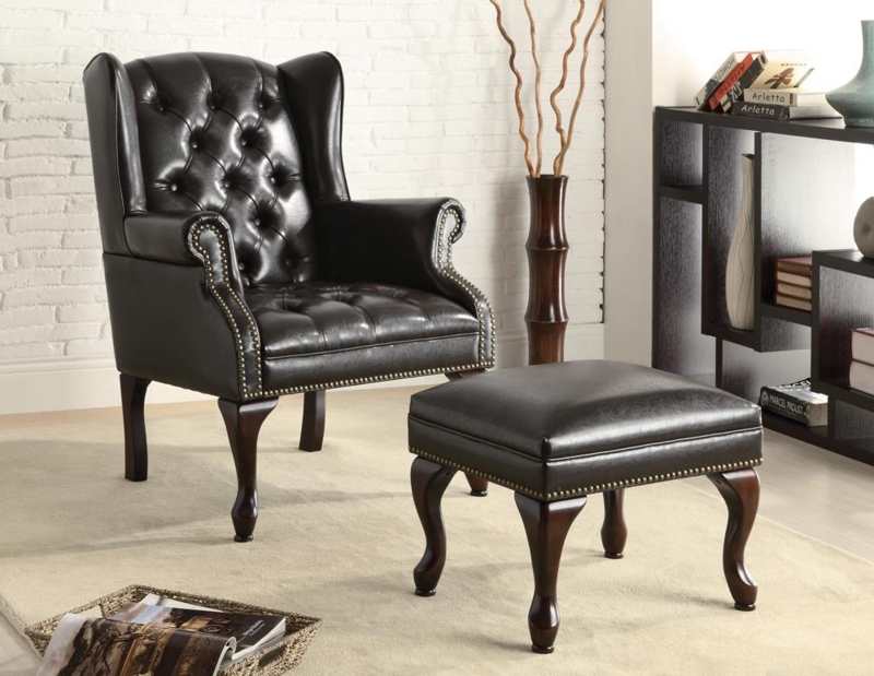 Accent Chair Set Matching Ottoman Button Tufted Espresso Legs
