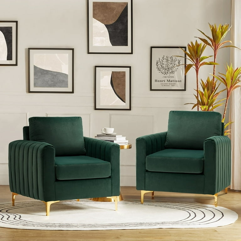 Accent Chair Set of 2 Emerald Green Velvet Channel Tufting Gold Legs