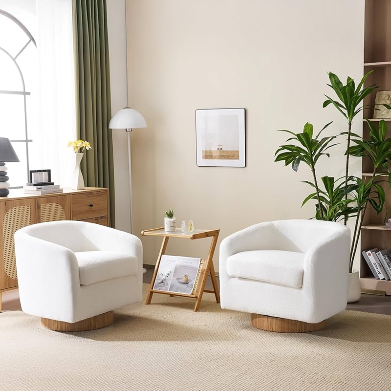 Accent Chair Set of 2 Swivel Base Wood Toned Barrel Back Boucle