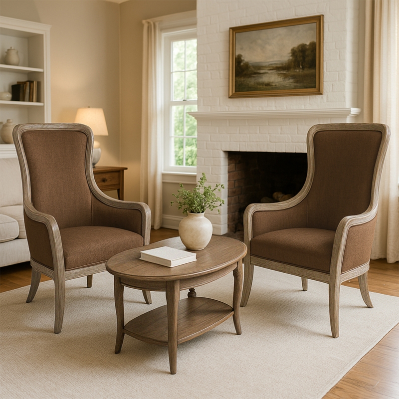 Accent Chair Set: Rustic High Back Slat Design with Leather Like Seat