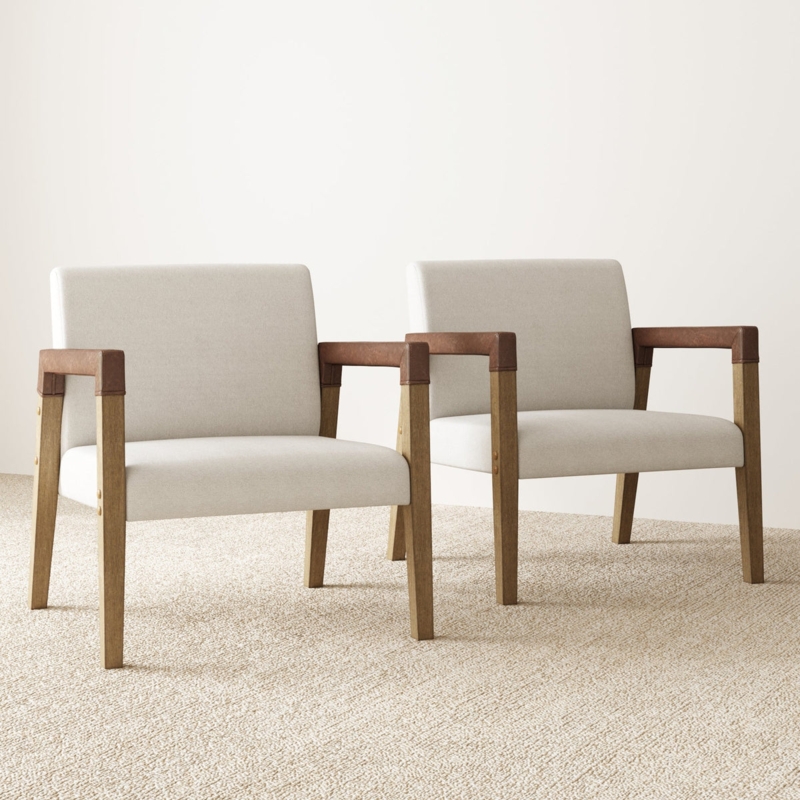 Accent Chair Set Slat Back Design Flax Faux Leather Scandi Style