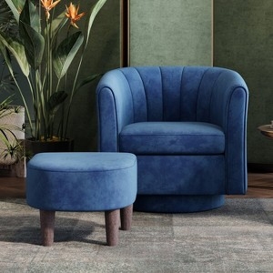 Accent Chair Set, Swivel Barrel Design with Matching Ottoman, Blue Velvet-Like.