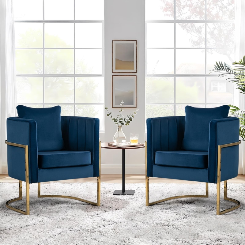 Accent Chair Set with Gold Sled Base and Vertical Channeling