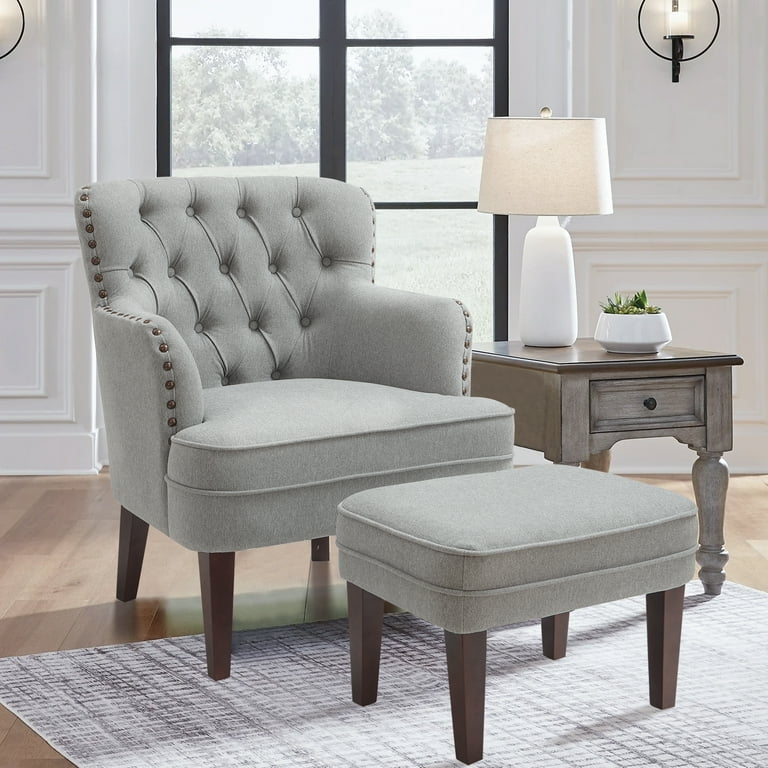 Accent Chair Set with Ottoman, Gray Nailhead Trim Armchair, Tufted Fabric