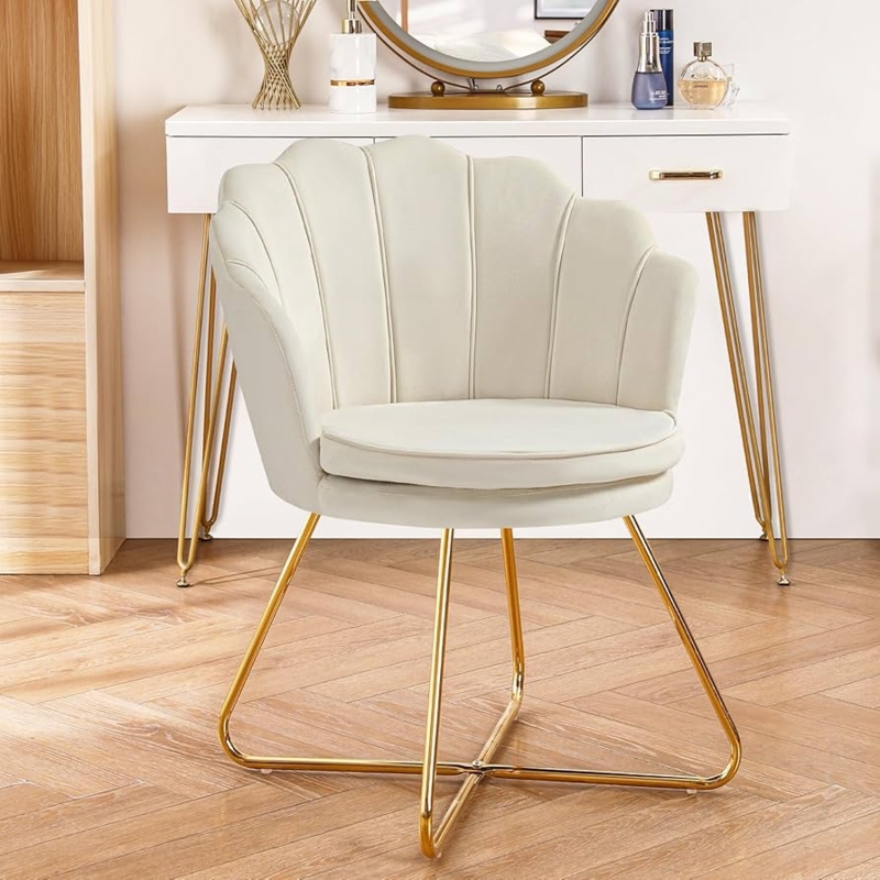 Accent Chair Shell Back X-Base Cream Velvet Vanity Seating Glam