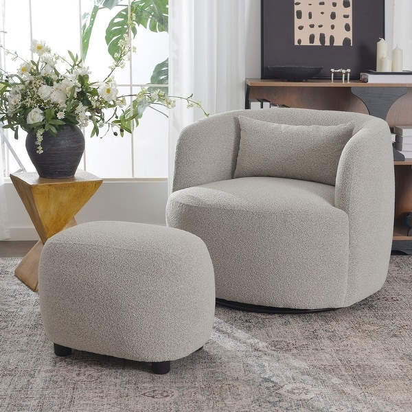 Accent Chair Sherpa Texture Light Grey Swivel Base and Ottoman