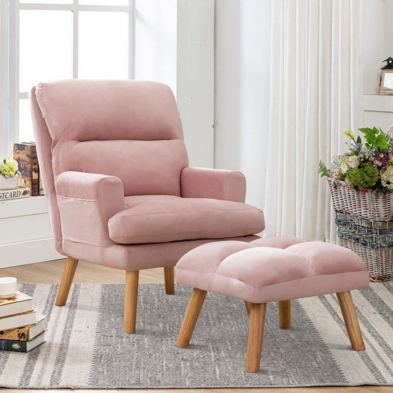 Accent Chair Side Pocket Biscuit Tufted Ottoman Matching Set Velvet