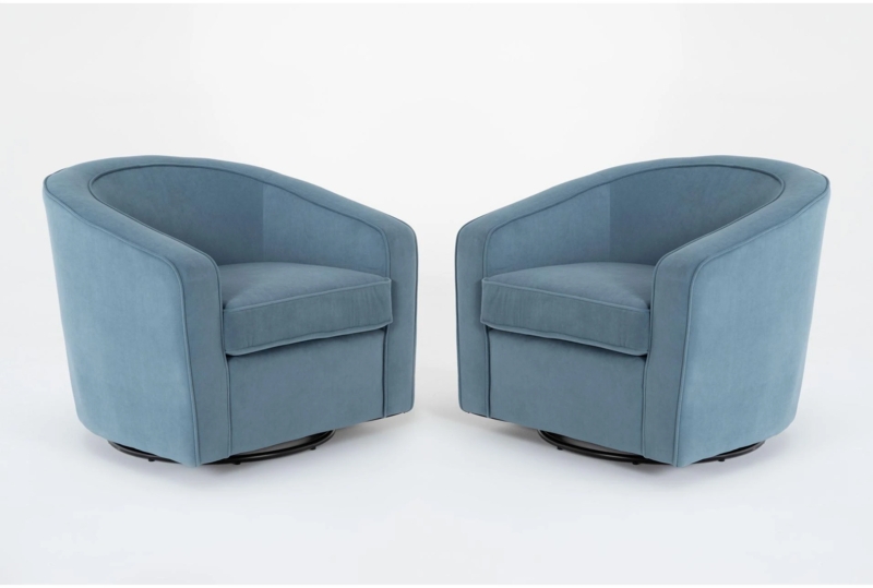 Accent Chair, Slate Blue Velvet Swivel Barrel with Piped Trim