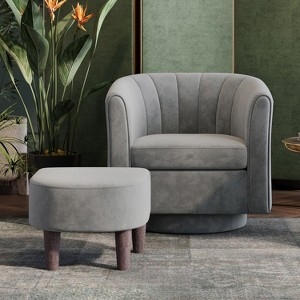 Accent Chair Swivel Barrel Gray Velvet Channel Tufted Set