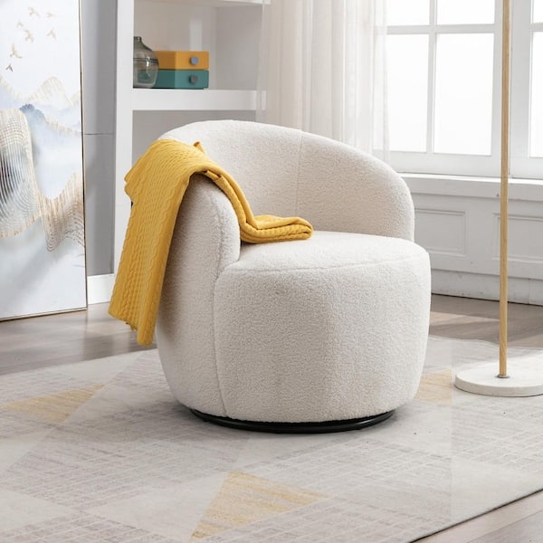 Accent Chair Swivel Base Boucle Texture Barrel Back Modern Cream