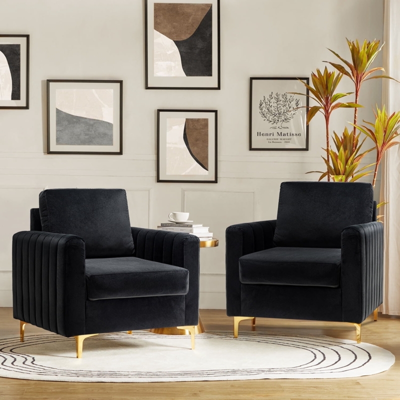 Accent Chair Tapered Gold Legs Black Velvet Curved Barrel Modern Glam