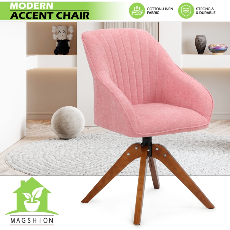 Accent Chair Tapered Wood Legs Channeled Back Mid-Century Linen