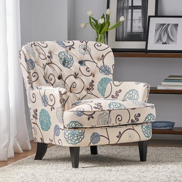 Accent Chair Tufted Club with Teal Vine Floral and Nailhead Trim