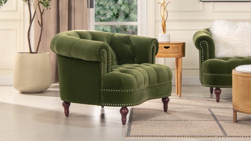 Accent Chair Velvet Diamond Tufting Rolled Back Front Casters