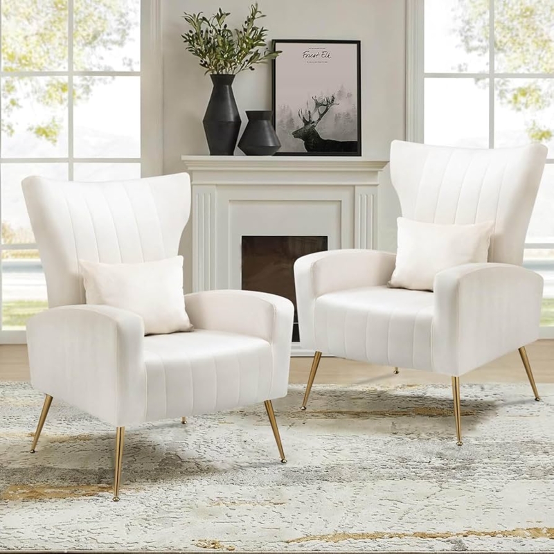 Accent Chair White Velvet Vertical Channel Tufting Wingback Gold Legs
