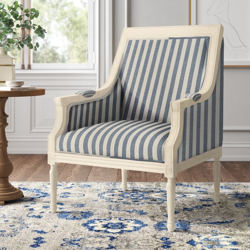 Accent Chair with Carved Cream Frame and Blue Striped Fabric