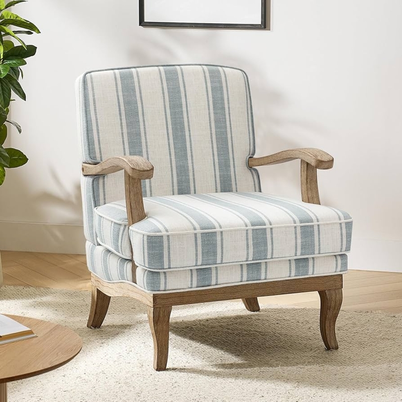 Accent Chair with Curved Wood Frame and Blue Ticking Stripes