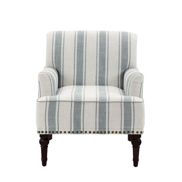 Accent Chair with Dark Turned Legs and Blue Striped Linen