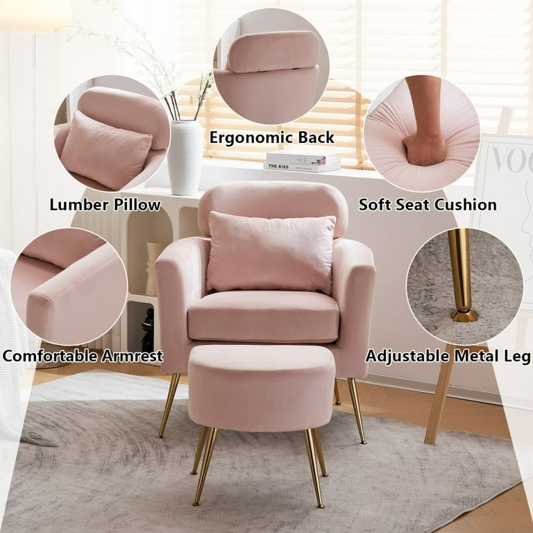 Accent Chair With Ottoman: Blush Velvet, Gold Legs & Lumbar Pillow.