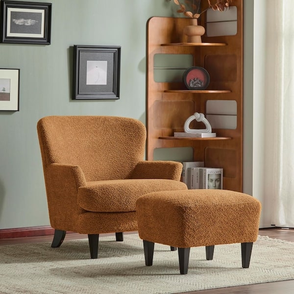 Accent Chair with Ottoman Caramel Boucle Texture Mid Century Modern Legs