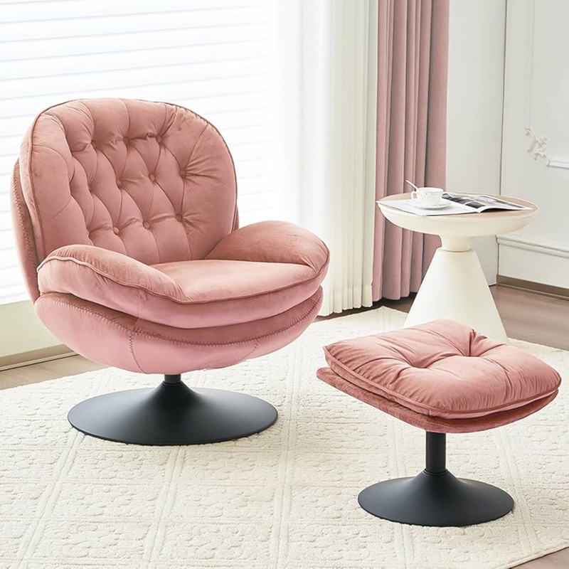 Accent Chair with Ottoman Pink Velvet Tufted Black Pedestal Base